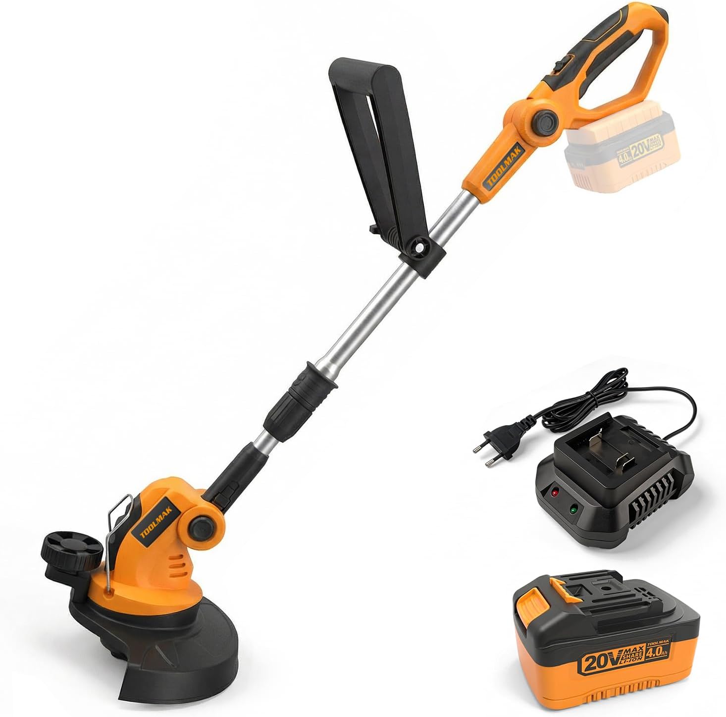 TOOLMAK 20 V Battery Grass Trimmer with 4.0 Ah Battery and Quick Charger, 260 mm Cutting Width, 8000 rpm, Adjustable Shaft, Wireless Grass Cutter for Lawn Edging, Garden and Trimming Work