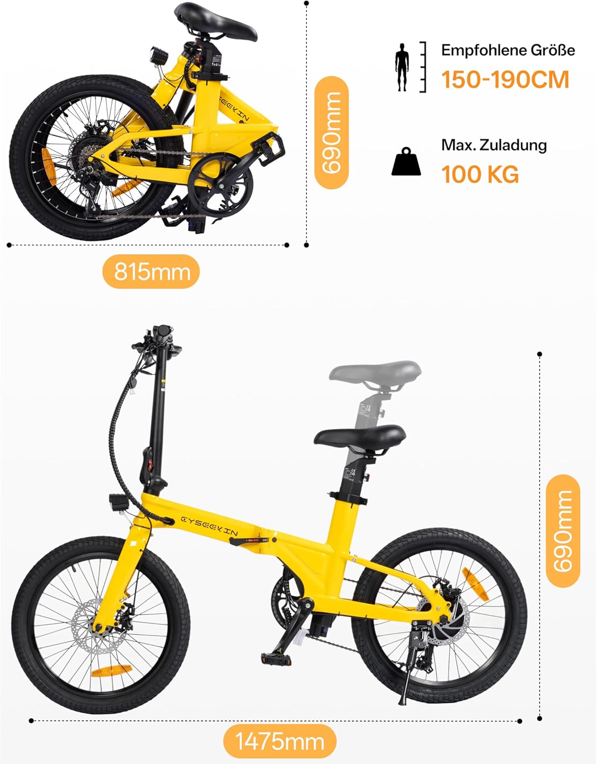 C10 E-Bike Folding Bike 20 Inch Only 18.6 kg Light 250 W Motor 345.6 Wh Battery Ebike with Shimano 7-Speed up to 100 km Range 25 km/h Pedelec with LCD Display, Ideal for (Copie) – Image 8