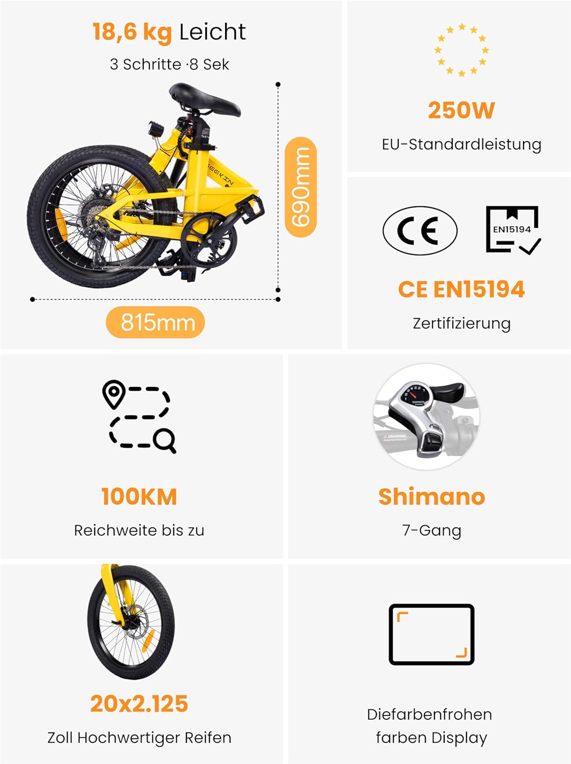 C10 E-Bike Folding Bike 20 Inch Only 18.6 kg Light 250 W Motor 345.6 Wh Battery Ebike with Shimano 7-Speed up to 100 km Range 25 km/h Pedelec with LCD Display, Ideal for (Copie) – Image 6