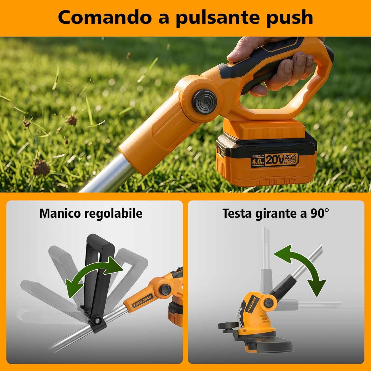 TOOLMAK 20 V Battery Grass Trimmer with 4.0 Ah Battery and Quick Charger, 260 mm Cutting Width, 8000 rpm, Adjustable Shaft, Wireless Grass Cutter for Lawn Edging, Garden and Trimming Work – Image 3