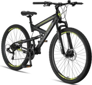 Licorne Bike Strong 2D Premium Mountain Bike in 26, 27.5 and 29 Inch Bicycle for Boys Girls Women and Men Disc Brake Front and Rear 21 Speed Gears Full Suspension