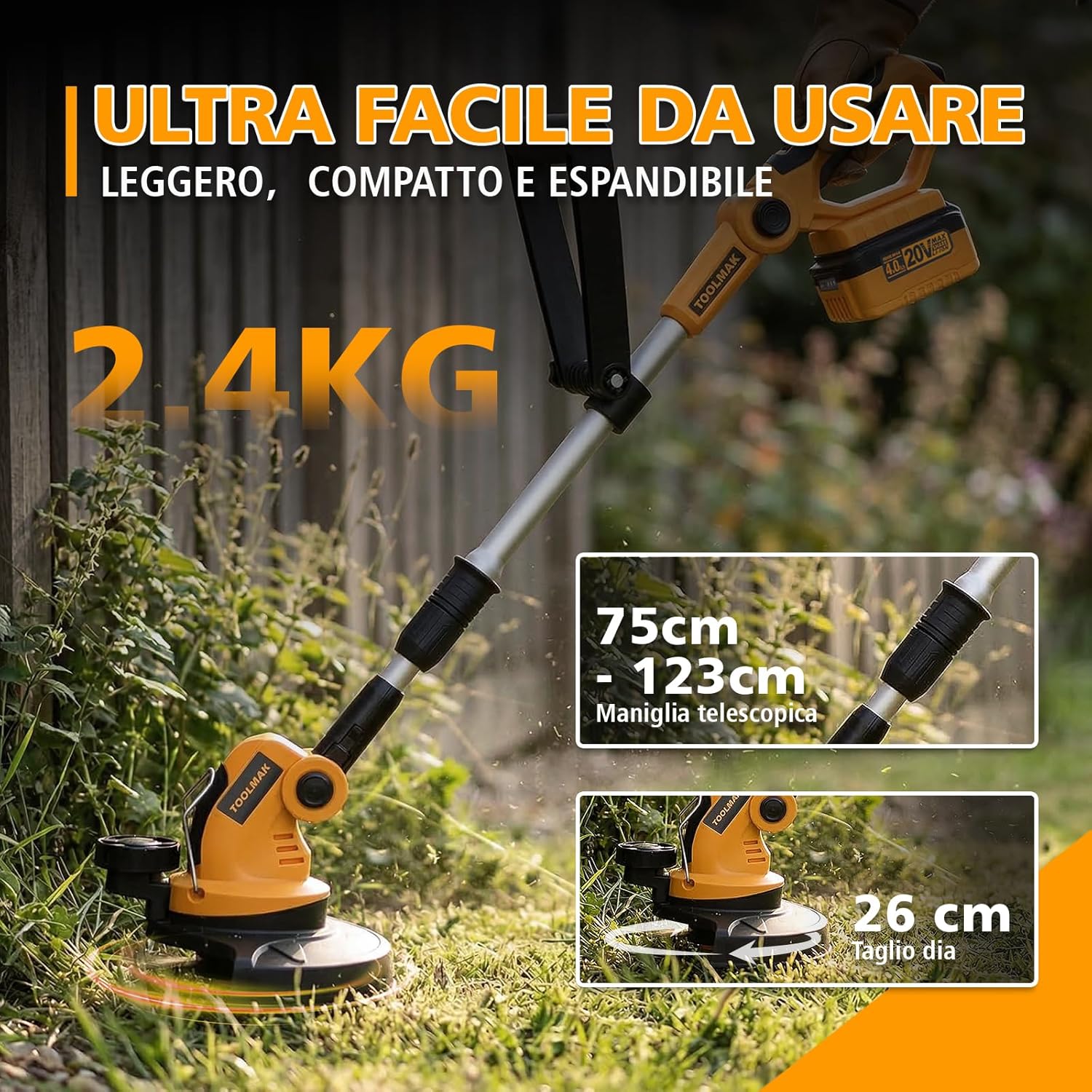 TOOLMAK 20 V Battery Grass Trimmer with 4.0 Ah Battery and Quick Charger, 260 mm Cutting Width, 8000 rpm, Adjustable Shaft, Wireless Grass Cutter for Lawn Edging, Garden and Trimming Work – Image 5